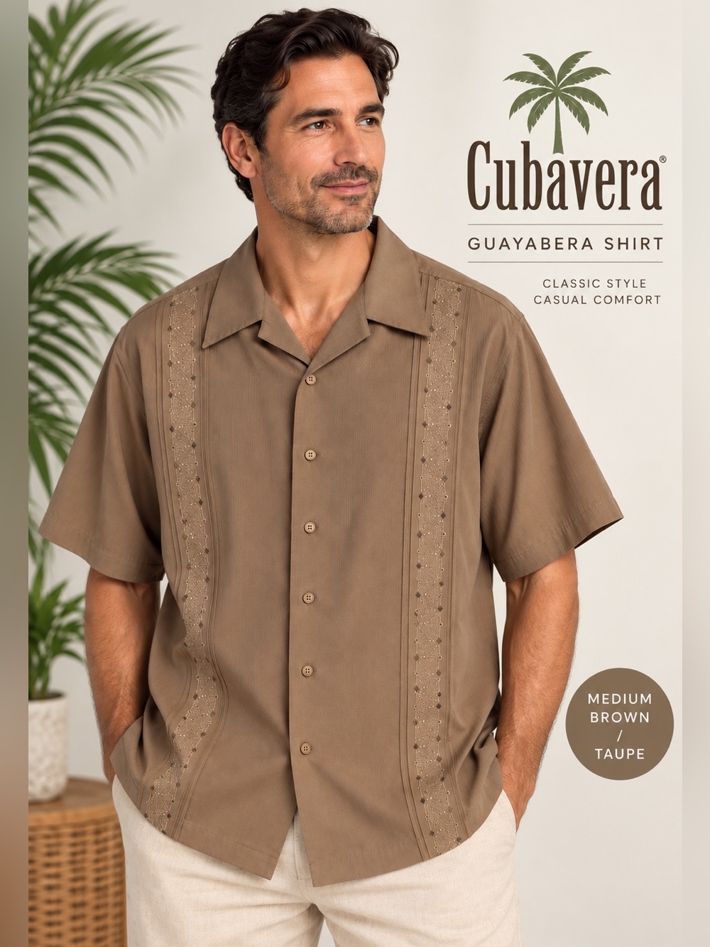 Cubavera Men’s Brown Taupe Guayabera Embroidered Short Sleeve Shirt 5XT